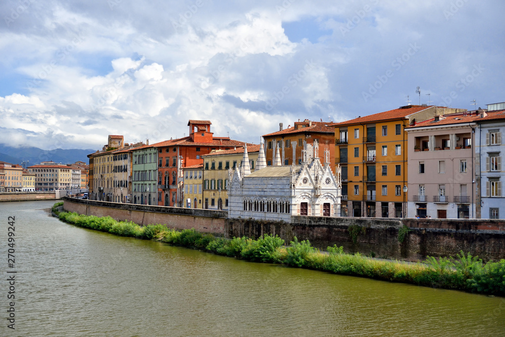 View of the medieval town of Pisa from bridge 