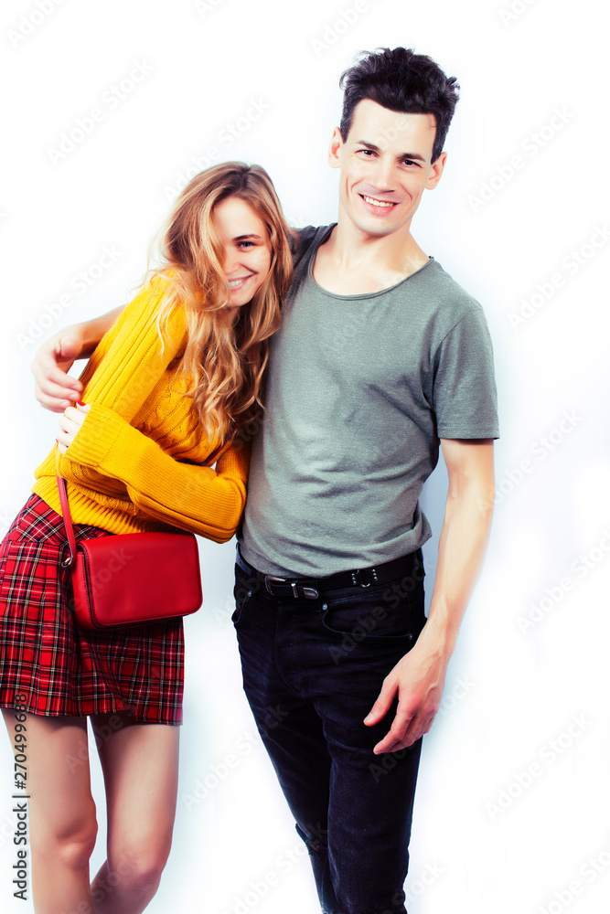 best friends teenage couple girl and boy together having fun, posing emotional on white background, couple happy smiling, lifestyle people concept, blond and brunette best friends teenage couple girl and boy together having fun, posing emotional on white background, couple happy smiling, lifestyle people concept, blond and brunette