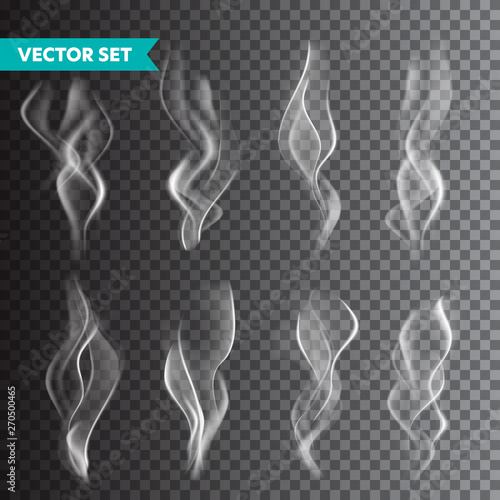 Realistic cigarette smoke set isolated on transparent background. Vector vapor in air, steam flow. Fog, mist effect.
