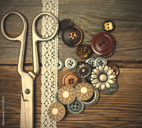 vintage buttons, tape lace and a tailor scissors