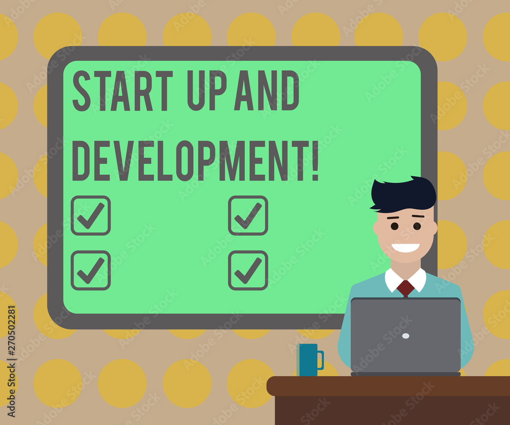 Word writing text Start Up And Development. Business concept for New business success corporate project strategy Blank Bordered Board behind Man Sitting Smiling with Laptop Mug on Desk Word writing text Start Up And Development. Business concept for New business success corporate project strategy Blank Bordered Board behind Man Sitting Smiling with Laptop Mug on Desk