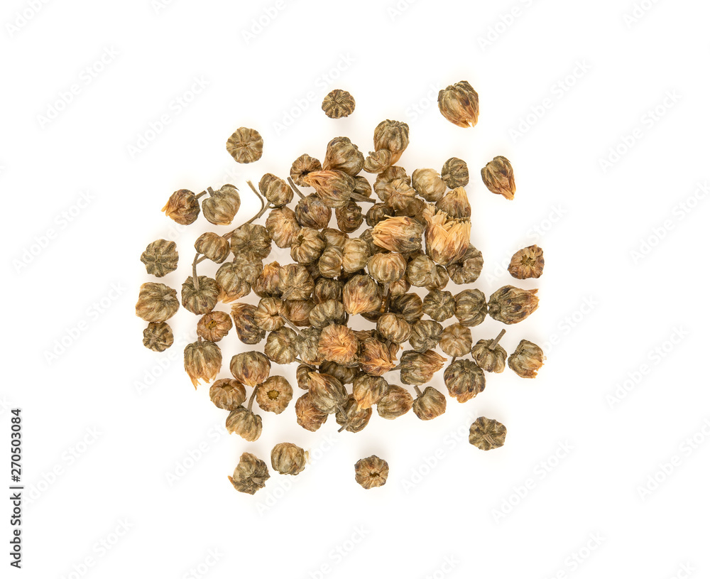 Obraz premium Dried chrysanthemum on white background. Top view