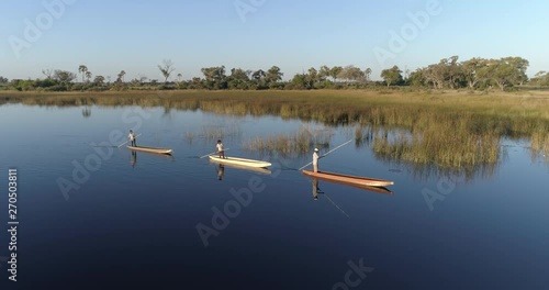 Aerial fly over view of three polers rowing their Mokoros on the waterways of the Okavango Delta photo