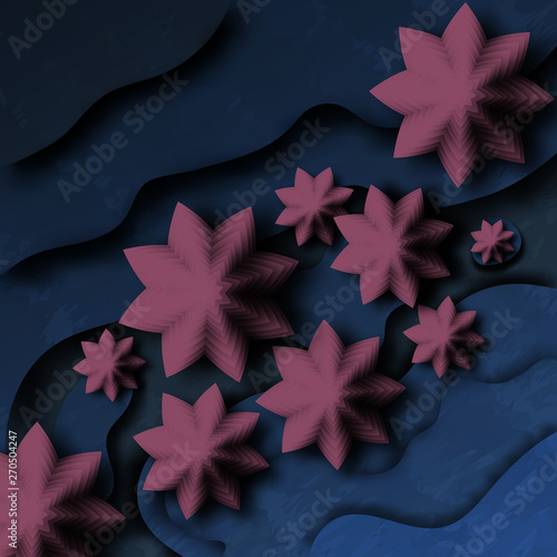 Abstract background with paper application, pink lotos on blue river waves, pastel color back for card, web, invitation