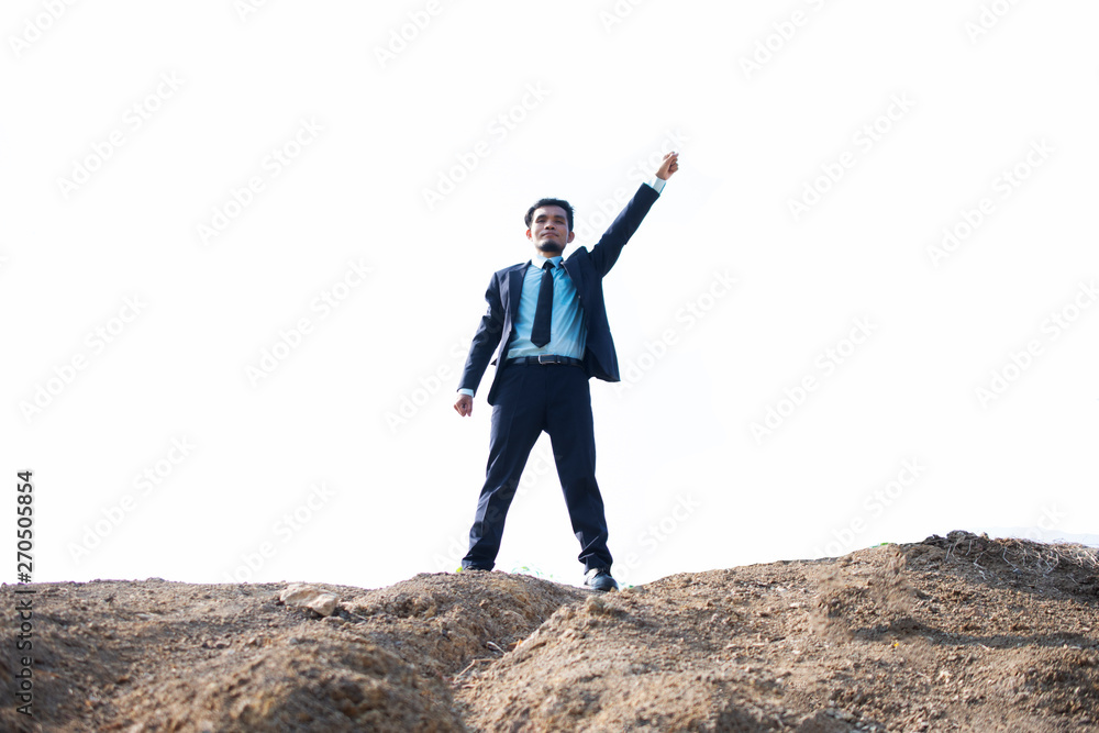 Businessman Standing on Mountain And White Background Businessman Standing on Mountain And White Background
