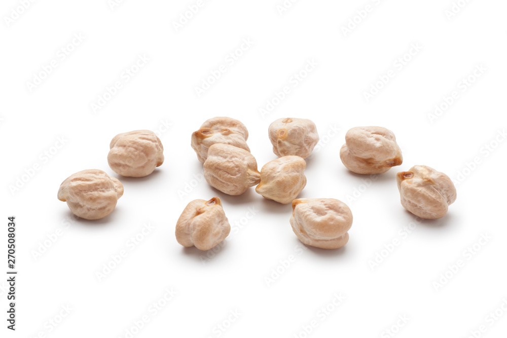 Uncooked chickpeas isolated on white background.