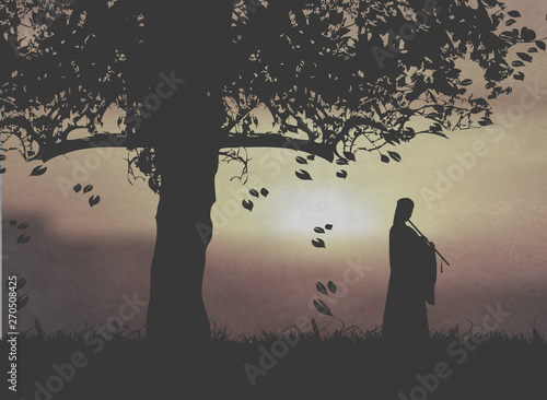 An Ancient Chinese Beauty Playing A Chinese Flute Under The Sunset
