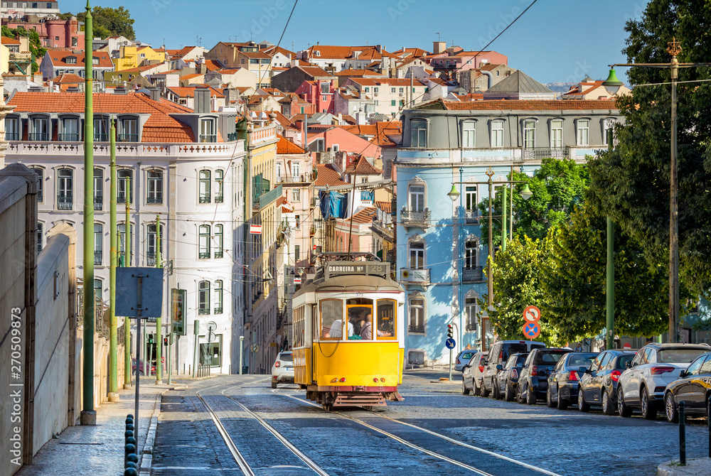 tram on line 28 in lisbon, portugal