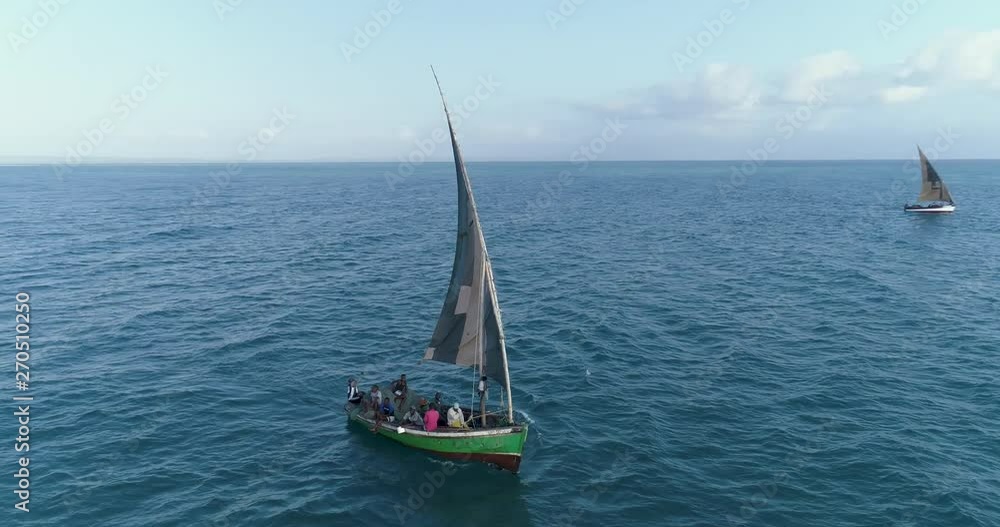 Aerial close-up view of two traditional dhow fishing boats heading out to sea for the days fishing Aerial close-up view of two traditional dhow fishing boats heading out to sea for the days fishing