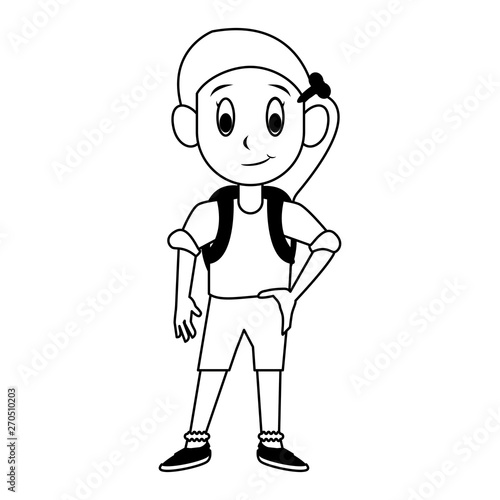 Studen girl with backpack cartoon in black and white