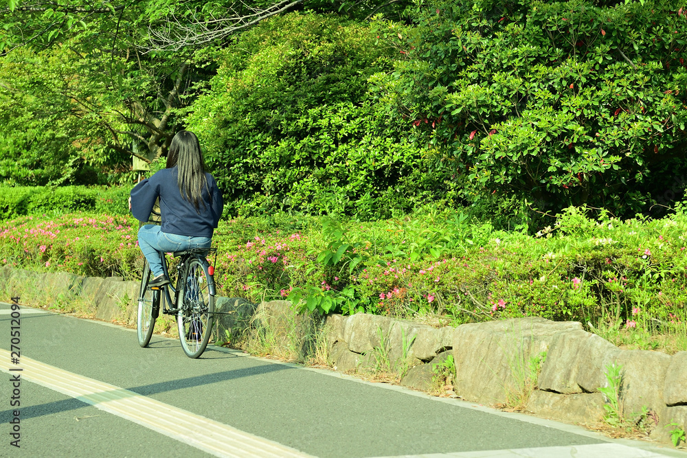 Fototapeta premium 自転車に乗る女子大生