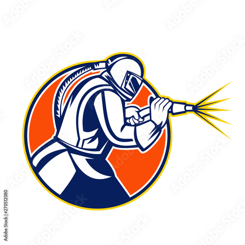 Mascot icon illustration of a sandblaster or sand blaster abrasive blasting viewed from side set inside circle  on isolated background in retro style.