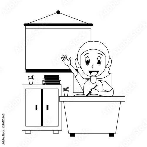 Student girl in classroom cartoon in black and white