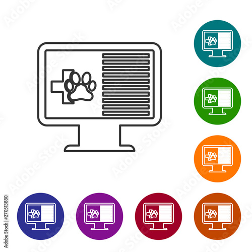 Grey Medical clinical record pet on monitor line icon on white background. Health insurance form. Prescription, medical check marks report. Set icon in color circle buttons. Vector Illustration