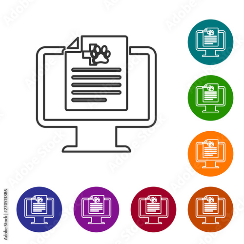 Grey Medical clinical record pet on monitor line icon on white background. Health insurance form. Prescription, medical check marks report. Set icon in color circle buttons. Vector Illustration