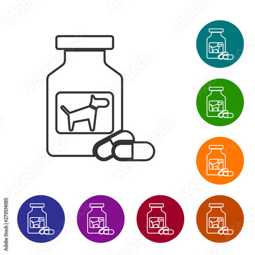 Grey Dog medicine bottle and pills line icon isolated on white background. Container with pills. Prescription medicine for animal. Set icon in color circle buttons. Vector Illustration