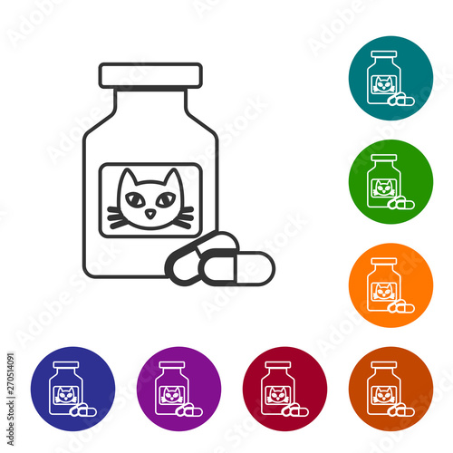 Grey Cat medicine bottle and pills line icon isolated on white background. Container with pills. Prescription medicine for animal. Set icon in color circle buttons. Vector Illustration