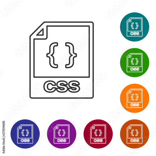 Grey CSS file document icon. Download css button line icon isolated on white background. CSS file symbol. Set icon in color circle buttons. Vector Illustration