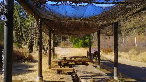 Aerial, drone shot, over dinner tables, on a sunny day, at the Mash TV Show set, in Los Angeles, California photo