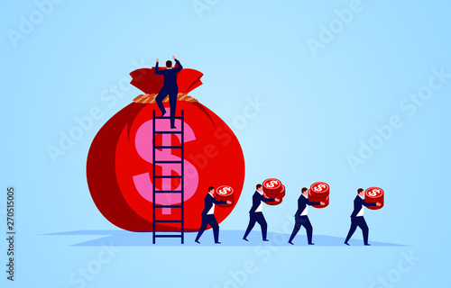 A group of businessmen carry gold coins from a huge purse