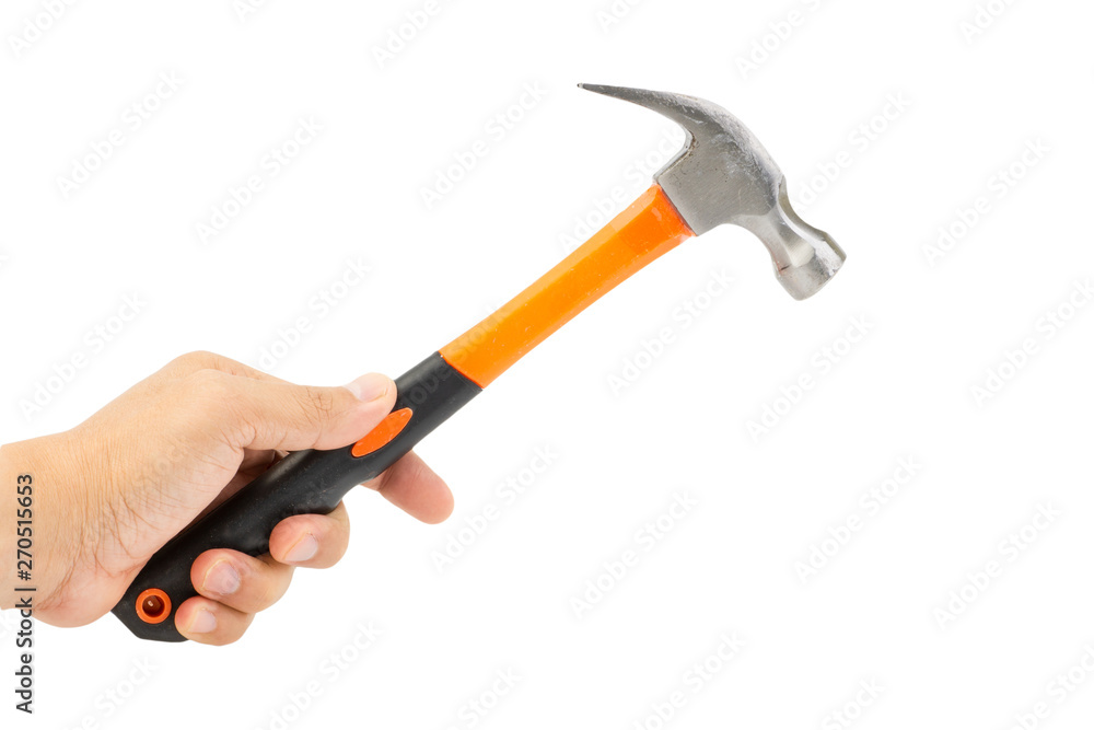 Hand holding hammer isolate on white. Selective focus