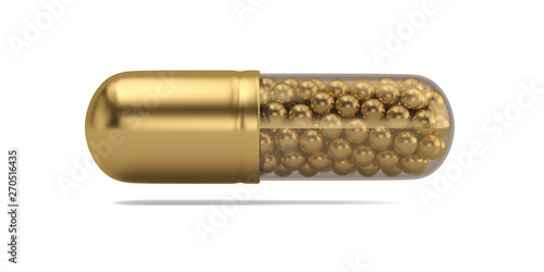 Golden pills and golden balls inside capsule isolated on white background. 3D illustration.