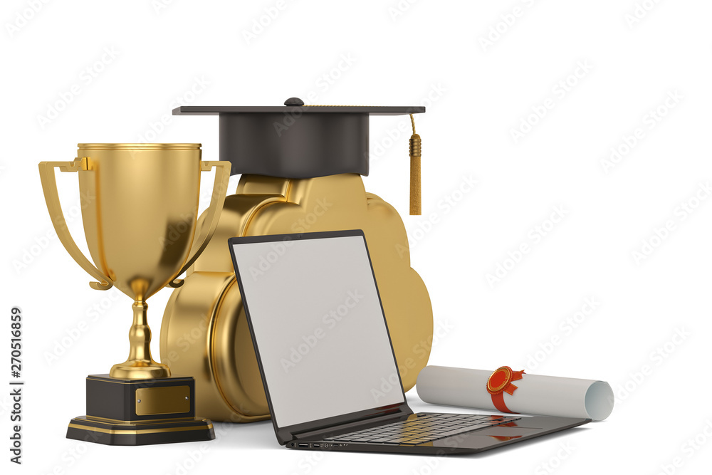 Square academic cap with cloud and laptop isolated on white background. 3D illustration. Square academic cap with cloud and laptop isolated on white background. 3D illustration.