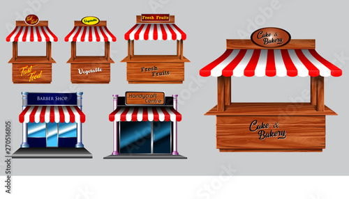 Wooden market stand stall and various kiosk, with red and white striped awning   isolated (fast food, vegetable, fresh fruit, barber shop, handycraft centre,   cake bakery). easy to modify