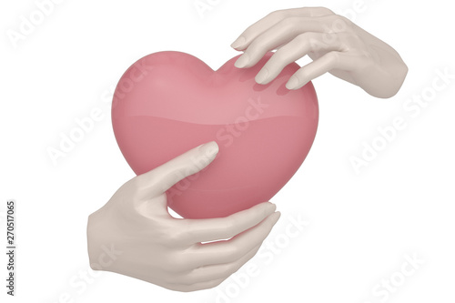 Big heart in hands isolated on white background. 3D illustration.