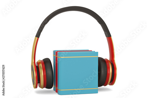Books and headphones isolated on white background. 3D illustration.