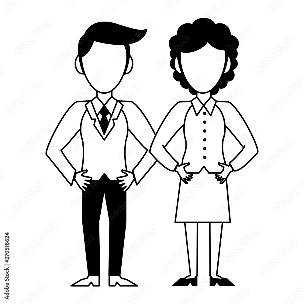 Executive business couple cartoon isolated in black and white Executive business couple cartoon isolated in black and white