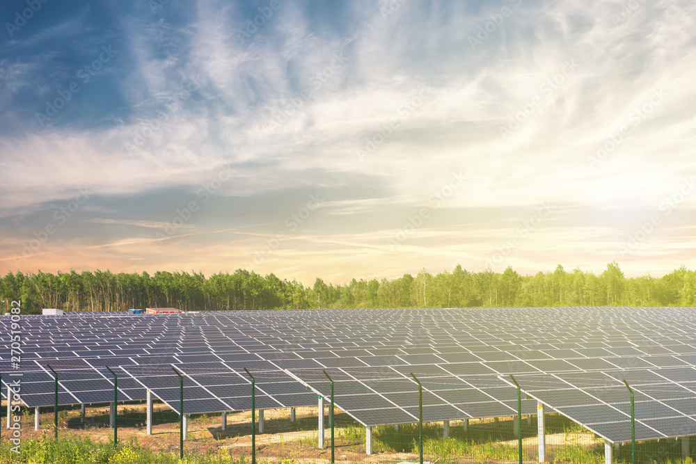 Solar panels in the rays of the setting sun on the field Solar panels in the rays of the setting sun on the field