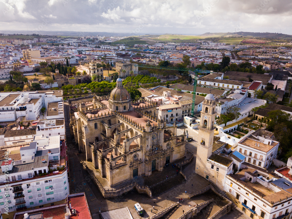 Aerial view of Jerez de la Frontera with Cathedral and Moorish alcazar