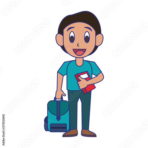 Student boy with book and luggage blue lines