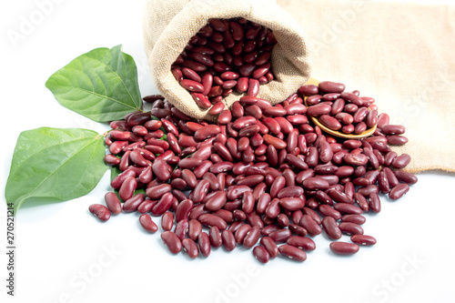 red bean with leaves in sack isolated on white background