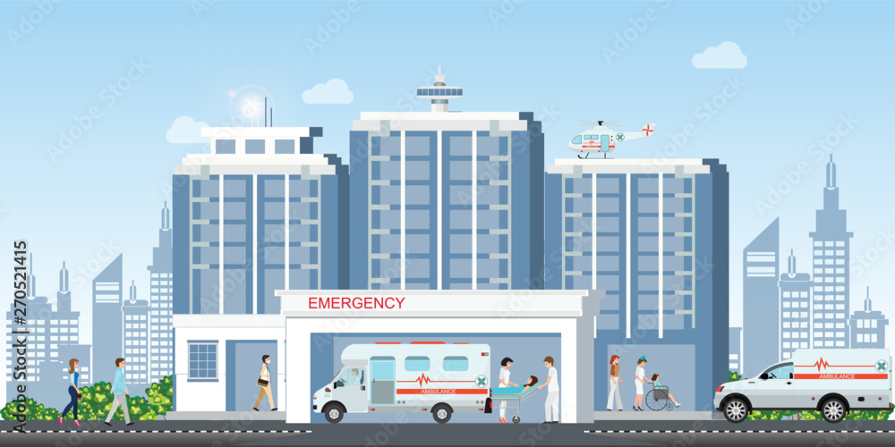 Obraz premium Hospital building with ambulance car and medical emergency chopper helicopter medical.