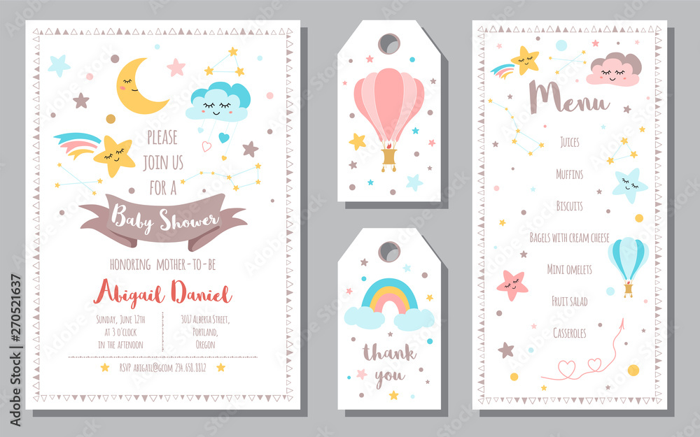 Baby Shower invitation templates banners Menu, Thank You Moon Star rainbow Vector illustration