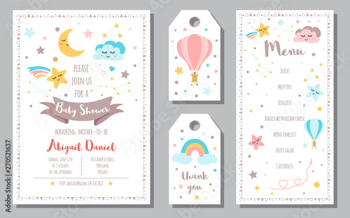 Baby Shower invitation templates banners Menu, Thank You Moon Star rainbow Vector illustration