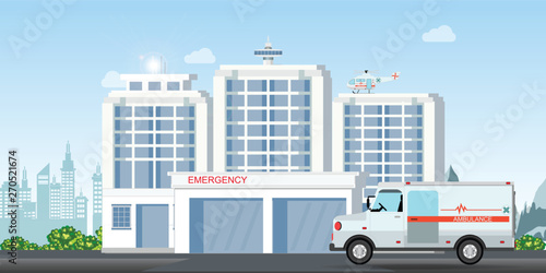 Modern hospital building with ambulance car and medical emergency chopper helicopter medical clinic exterior.