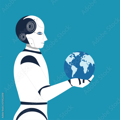 Robot holding globe on blue background.