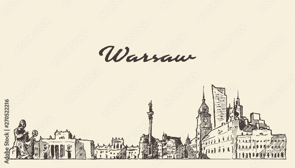 Warsaw skyline Poland hand drawn vector sketch Warsaw skyline Poland hand drawn vector sketch