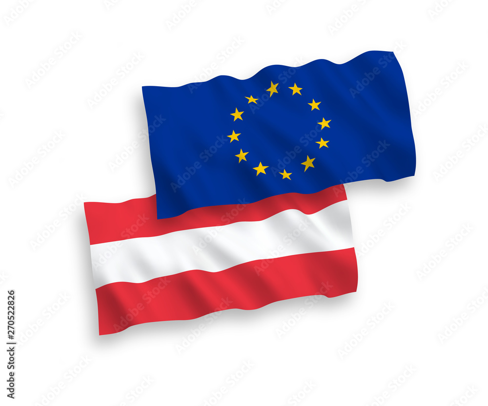 National vector fabric wave flags of Austria and European Union isolated on white background. 1 to 2 proportion. National vector fabric wave flags of Austria and European Union isolated on white background. 1 to 2 proportion.