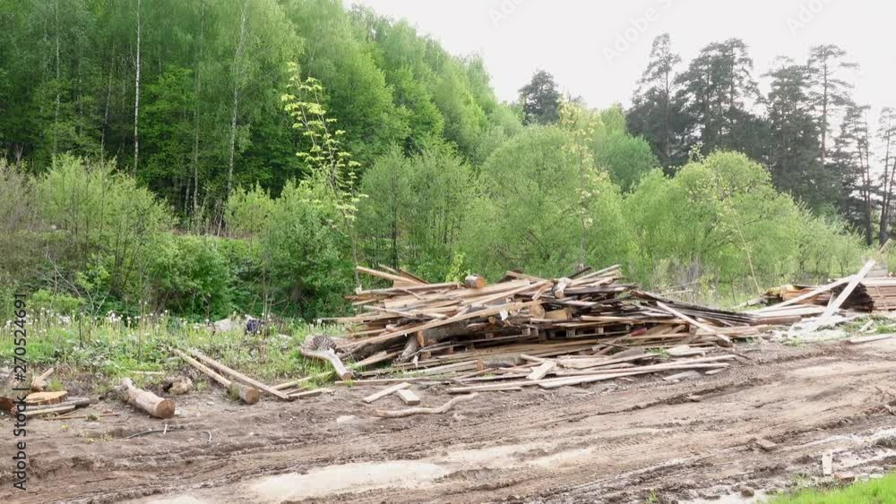along the road are boards and logs, 4k video along the road are boards and logs, 4k video
