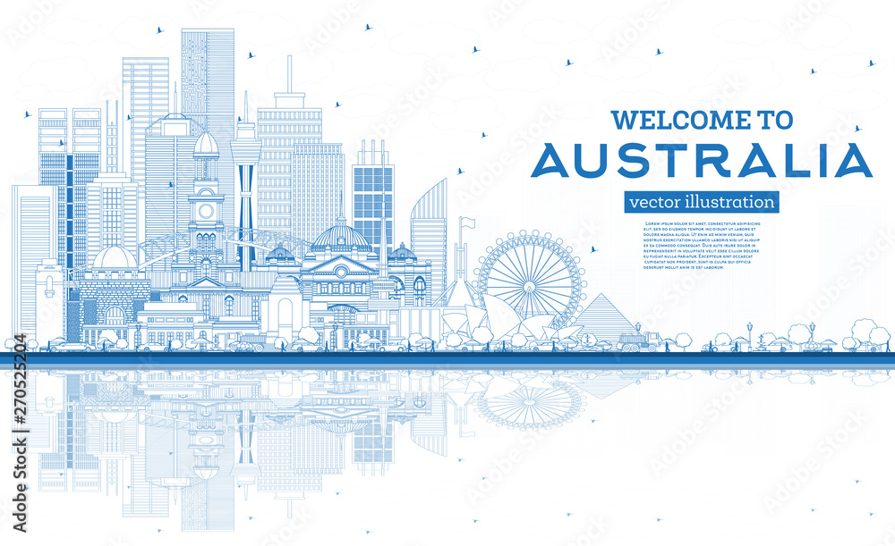 Outline Welcome to Australia Skyline with Blue Buildings and Reflections.