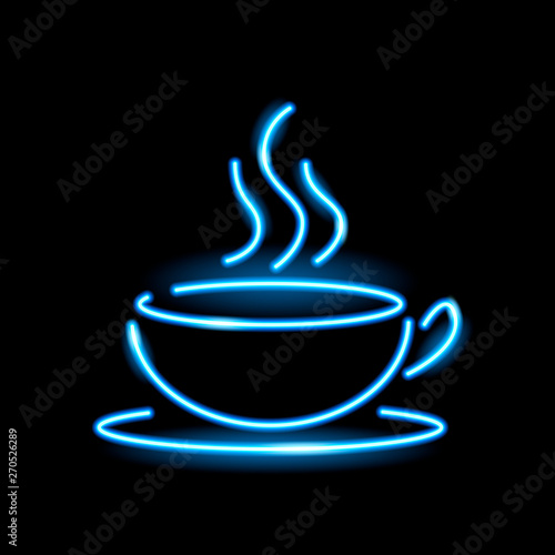 Neon icon of hot coffee cup isolated on black background. Cafe, beverage, energy concept for logo, banner. Vector 10 EPS illustration.