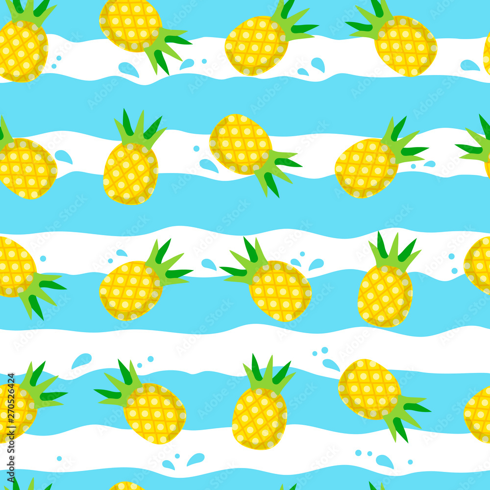 Seamless pattern with pineapples and waves on white background. Summer, tropical, exotic, freshness, food concept for wrapping, wallpaper, backdrop. Vector illustration EPS 10. Seamless pattern with pineapples and waves on white background. Summer, tropical, exotic, freshness, food concept for wrapping, wallpaper, backdrop. Vector illustration EPS 10.