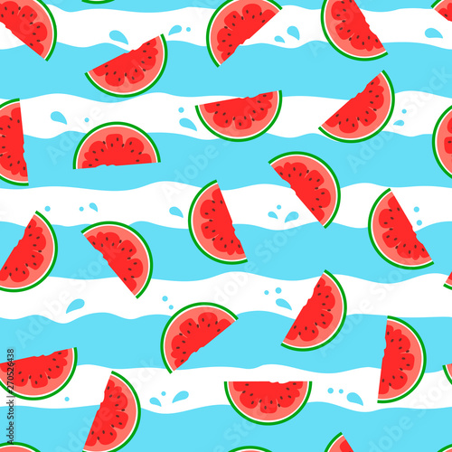 Seamless pattern with watermelon slices waves stripes on white background. Summer, exotic, freshness, food concept for wrapping, wallpaper, backdrop. Vector illustration EPS 10.
