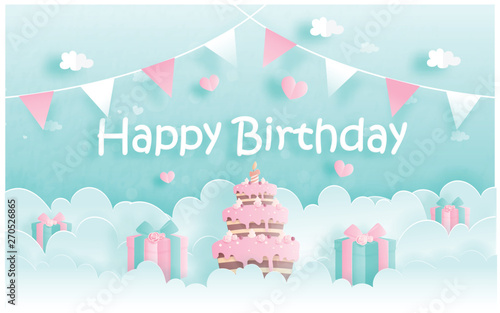 Birthday card in paper cut style vector illustration.