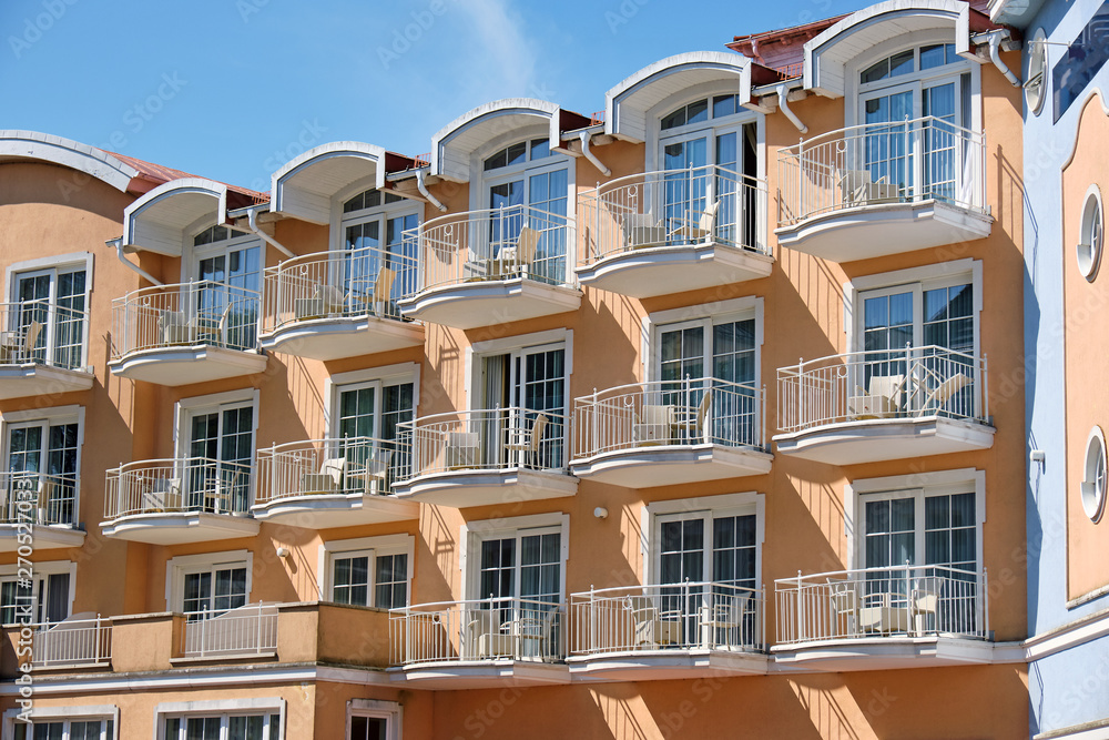 Balconies of a tourist hotel seen at the german Baltic Sea