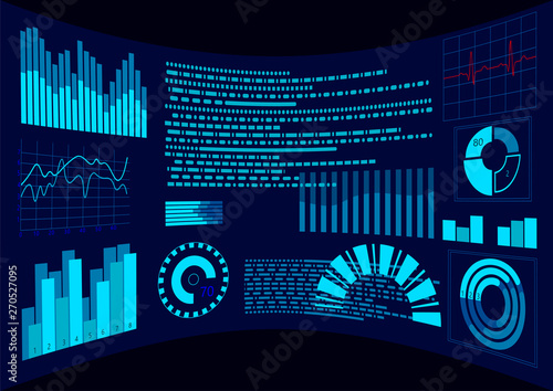 Flat blue HUD virtual dashboard display. User interface touch screen. Graph trend diagram. Data analysis augmented reality helmet control panel. Future technology vector illustration